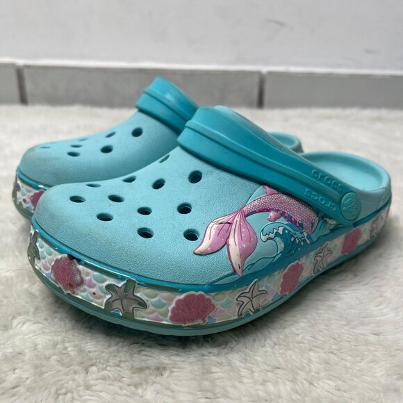 Crocs Kid's Light Blue Mermaid Ocean Print Clog Slip On Shoes Size J2 - Picture 1 of 13